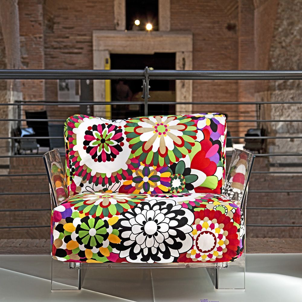 hires pop missoni fauteuil with transparent polycarbonate structure and cushions covered in red tones vevey fabric